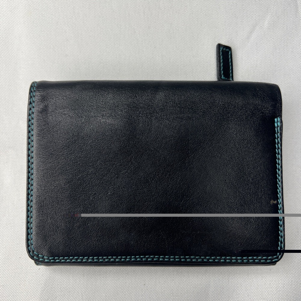 Mywalit Black Leather Trifold Wallet Colorful Interior Zip Coin Unisex EUC